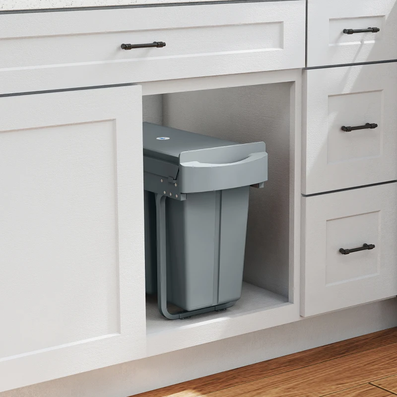 HOMCOM Papelera de cocina extraíble 30L con 2 compartimentos, papelera bajo fregadero con tapa esmerilada, 52x26x40,8cm, gris