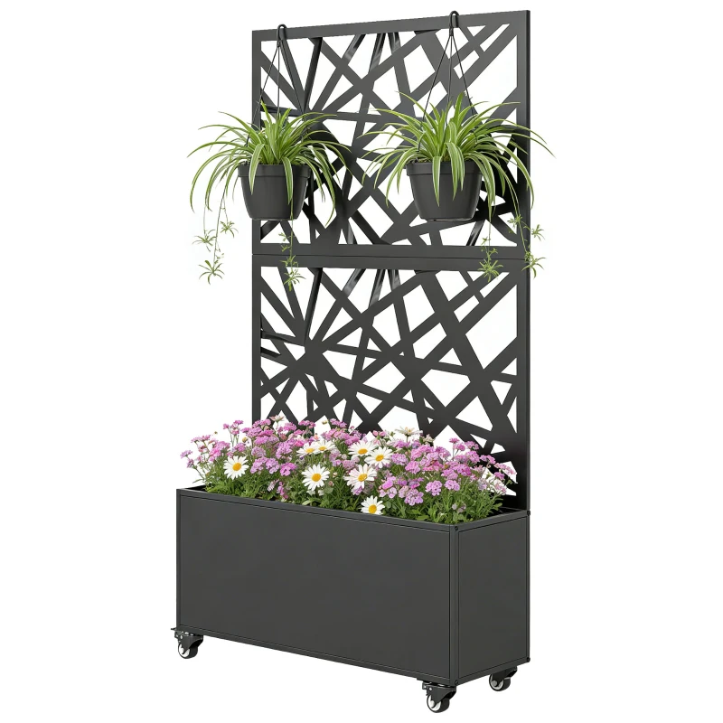 Outsunny Jardinera con Enrejado para Trepadoras con Ruedas y Orificios de Drenaje, de Metal, 90x30x160 cm, Negro