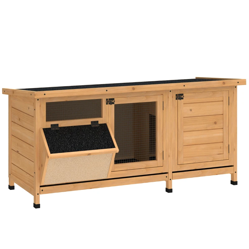 PawHut Coelheira de Madeira Gaiola para Coelhos com Telhado Asfáltico Rebatível Portas com Fecho Bandejas Removíveis 112x50x54 cm Amarelo