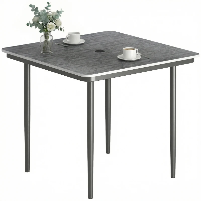Outsunny Garden Dining Table for 4, 85 cm Square Outdoor Table with Umbrella Hole, Faux Wood Top, Metal Legs, Dark Grey