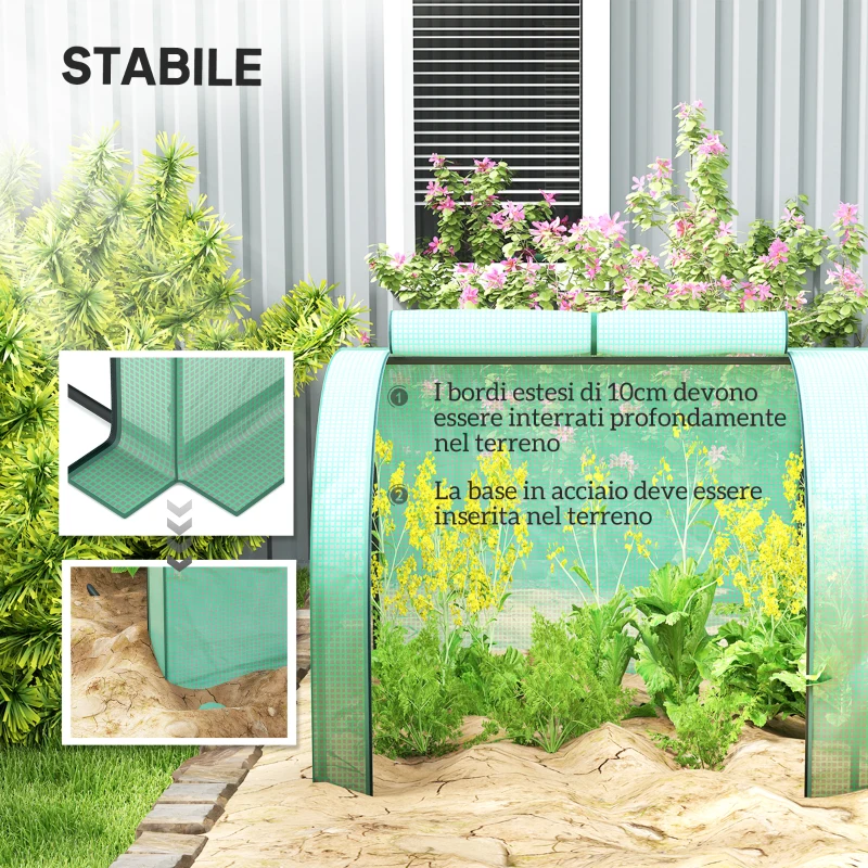 Outsunny Serra a Tunnel in Acciaio e Plastica Impermeabile Anti UV con 4 Porte, 395x100x80 cm, Verde