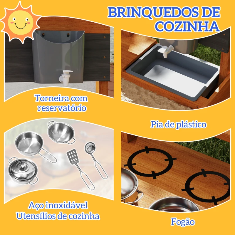 Outsunny Caixa de Areia de Madeira para Crianças com Toldo Regulável e Brinquedos de Cozinha para Crianças de 3-7 Anos 114x110x110 cm Vermelho