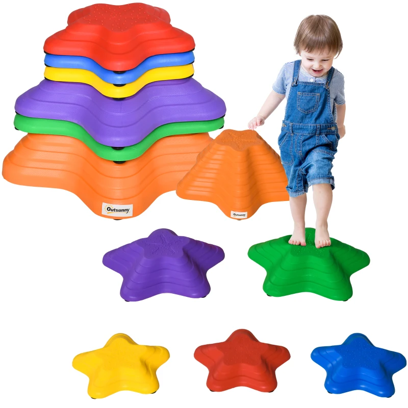 Outsunny Balance Stepping Stones Kids, 6-Piece Starfish Style Non-slip Obstacle Course, Stackable Balance Blocks, Garden Sensory Toys for Toddler 3-8 Years, Indoor Outdoor, Multicoloured
