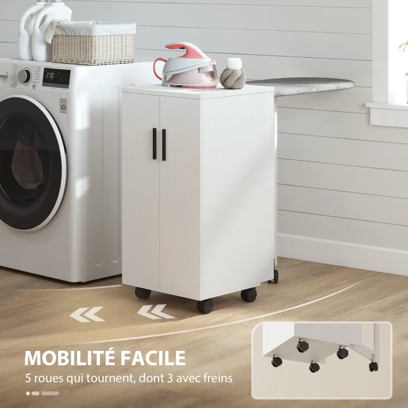 HOMCOM Meuble à repasser 2 en 1, table à repasser pliante sur roulettes avec étagère réglable et charnières, blanc