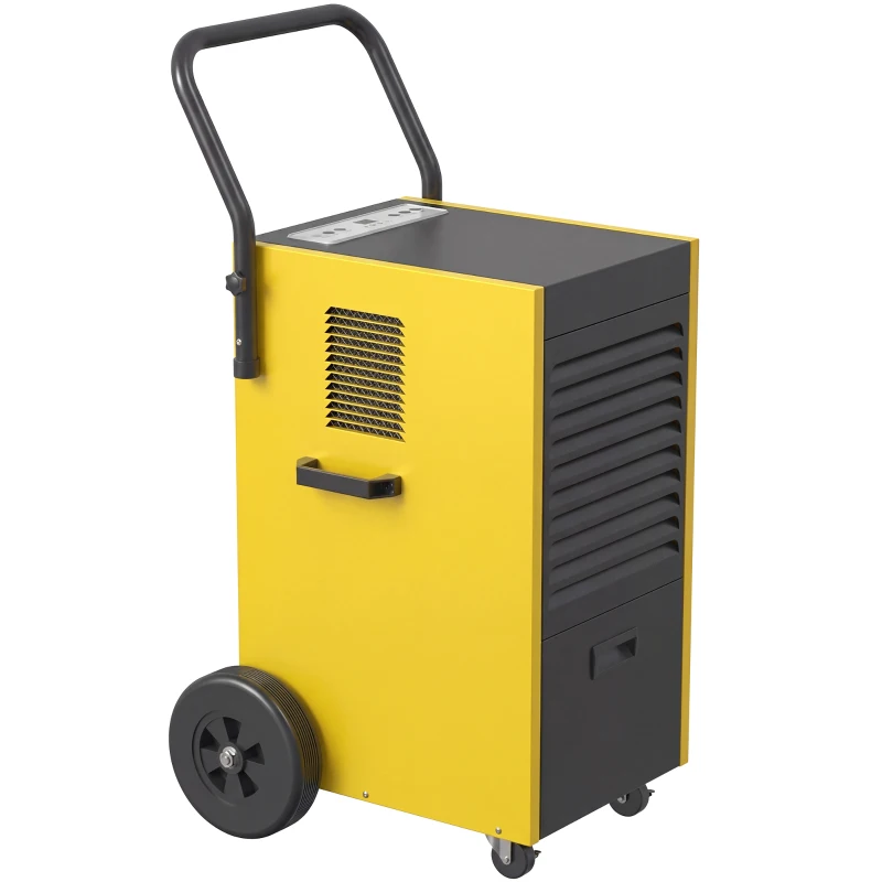 DURHAND Commerciële luchtontvochtiger 70L/dag met wielen en handgreep, continue afvoer, 24-uurs timer, 5,5L tank, geel