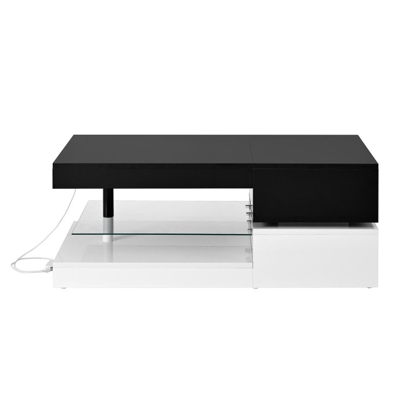 Table basse avec éclairage d'ambiance LED, étagère en verre & surface laquée brillante, 90x45x35,5 cm, Noir+Blanc