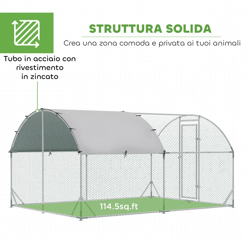 PawHut Recinto per Galline in Metallo Galvanizzato con Tetto e Copertura Anti UV, 280x380x197 cm, Argento