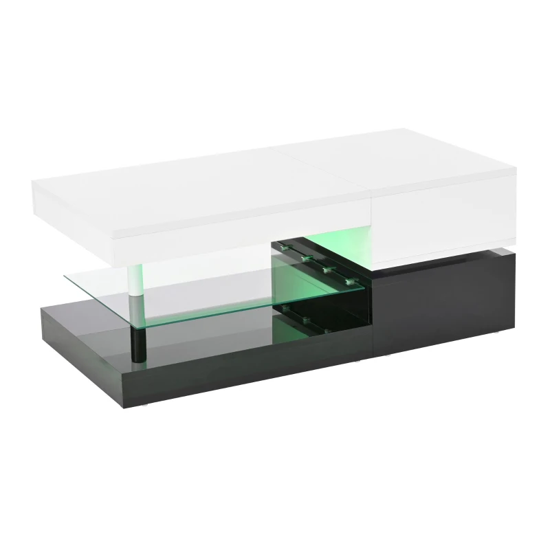 Table basse avec éclairage d'ambiance LED, étagère en verre & surface laquée brillante, 90x45x35,5 cm, Blanc+Noir