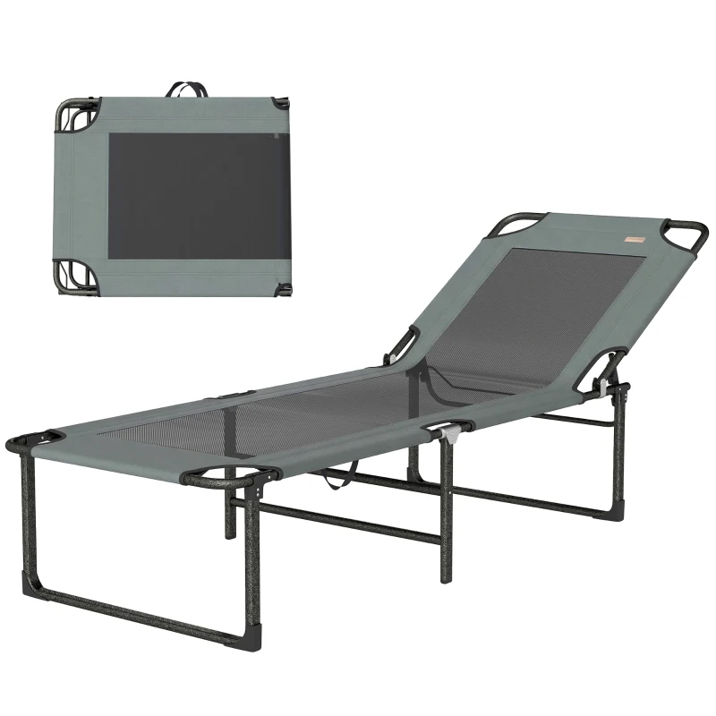 Outsunny Tumbona de Exterior Reclinable 4 Posiciones, Silla Plegable con Asa, Gris.