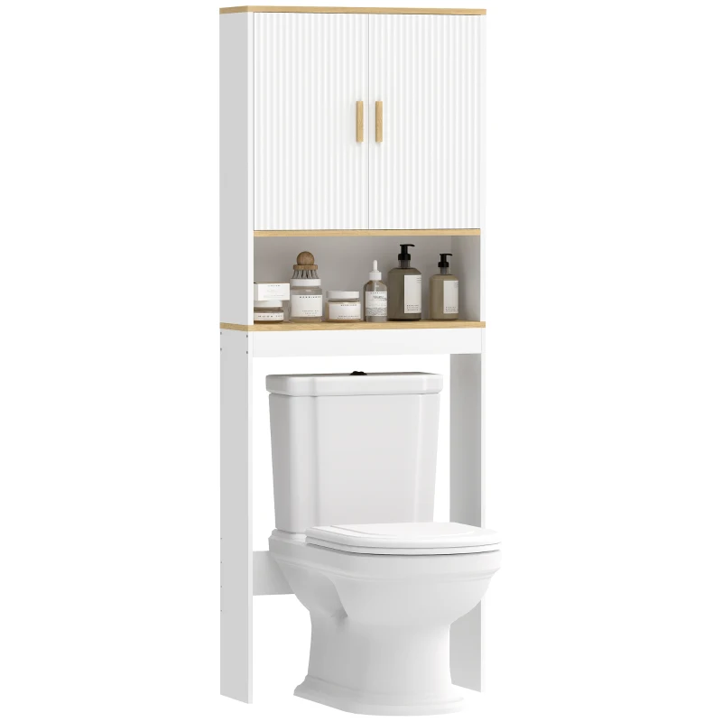 HOMCOM Scaffale da Bagno sopra il WC a 3 Livelli con Ripiano Aperto, 2 Ante e Ripiano Regolabile, 64x20x170,5 cm, Bianco