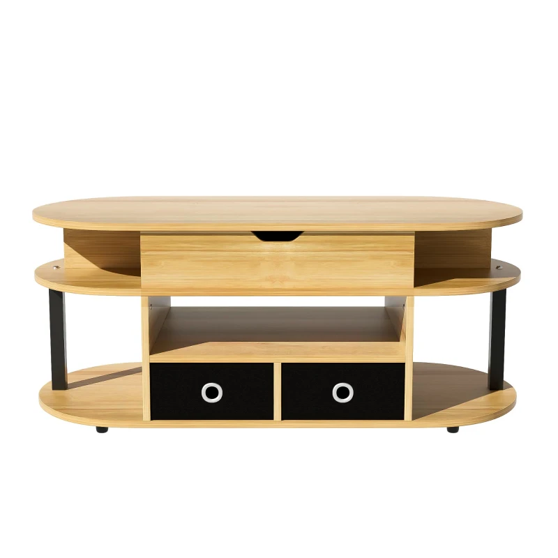 Table basse relevable, espace de rangement et tiroirs en tissu noir, 105x50x45 cm, Couleur naturelle