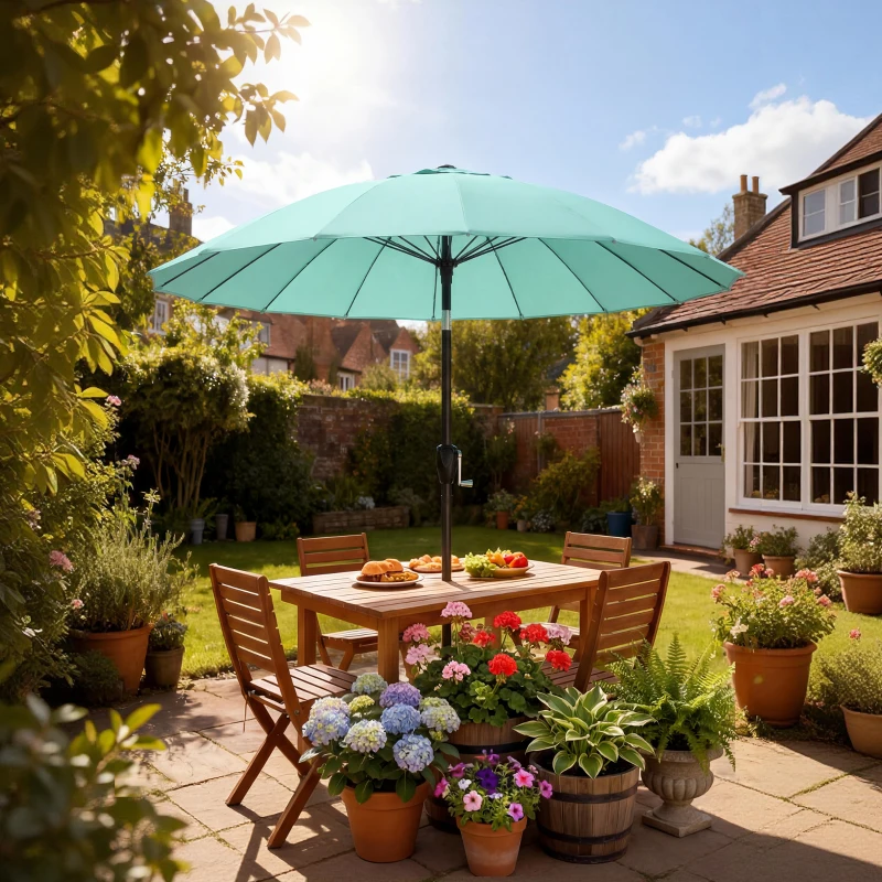 Outsunny Parasol de jardín exterior redondo 2 m, inclinable, apertura y cierre con manivela, 16 varillas, turquesa