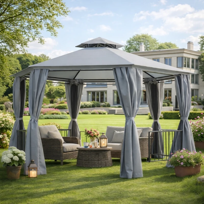 Outsunny 3 x 3(m) Hexagon Gazebo Patio Canopy Party Tent Outdoor Garden Shelter w/ 2 Tier Roof & Side Panel - Grey
