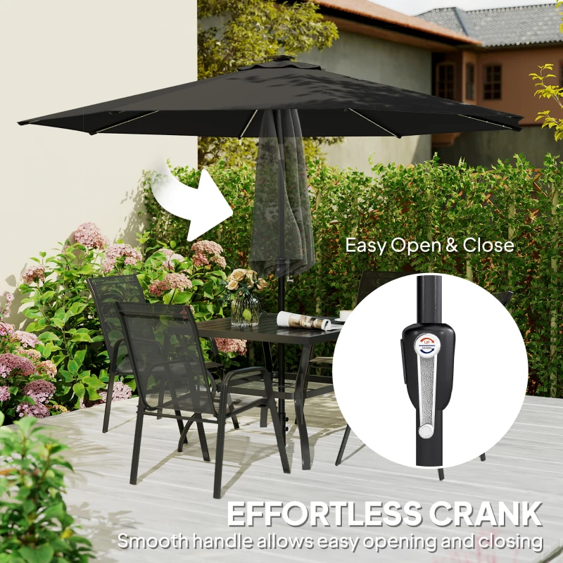 Outsunny 3 m Garden Parasol Umbrella with 112 Solar Powered LED Lights, Patio Umbrella with Crank Handle, Black