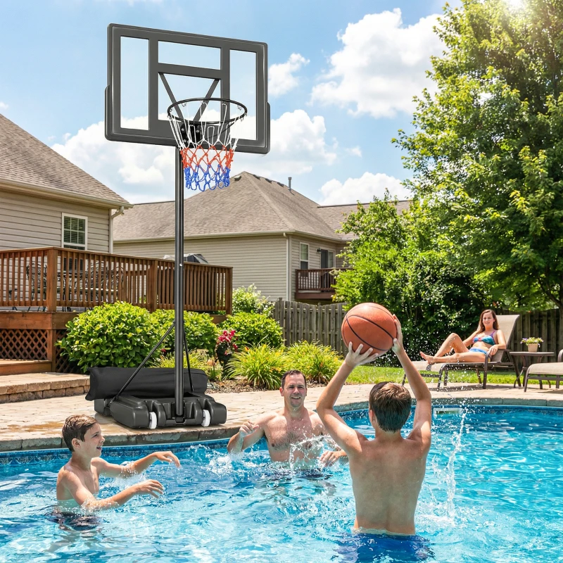 SPORTNOW Basketbalring Outdoor 135-305cm Verstelbaar Basketbalstandaard met 110x70cm Onbreekbaar Achterbord 2 Wielen
