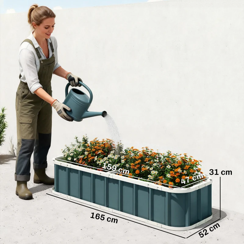 Outsunny Jardinera elevada de acero galvanizado, huerto elevado con guantes y bordes plegados, 165 x 52 x 31 cm, gris oscuro