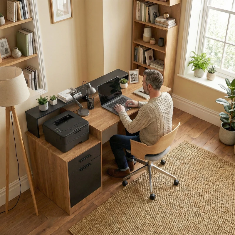 HOMCOM Mesa de ordenador con almacenamiento y estantes, Escritorio moderno para oficina y estudio, 140 cm, Roble