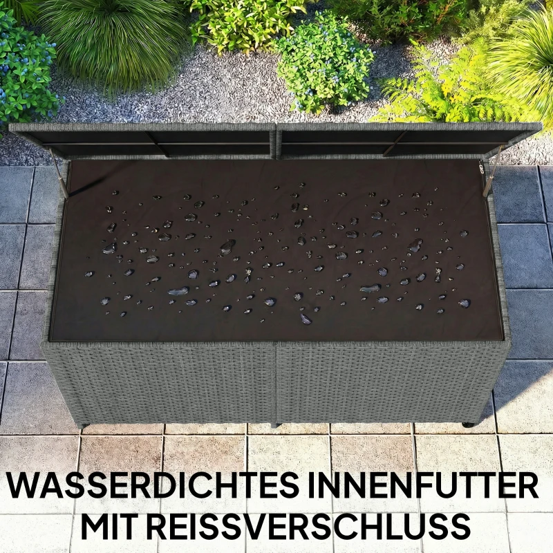 Outsunny Rattan Tuinbox 650L waterdicht UV-bestendig Kussenbox met Deksel Wielen Opbergruimte 150 x 75 x 74 cm Donkergrijs