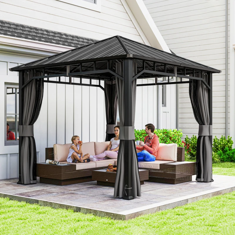 Outsunny Pabellón 3 x 3 m Impermeable Estable Resistente al invierno Pabellón de jardín con paneles laterales, redes, ganchos Techo rígido Gris oscuro