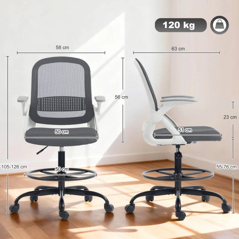 HOMCOM Silla de Escritorio de Malla Silla de Dibujo con Reposabrazos Abatibles Altura Ajustable Reposapiés Gris
