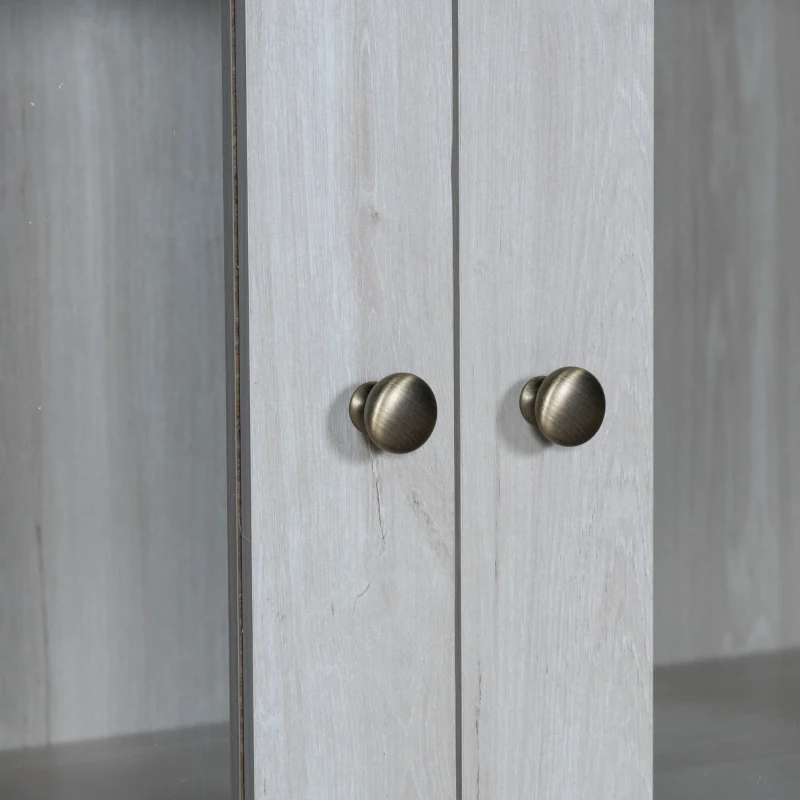 Mobile alto effetto legno a 3 cassetti con ante in vetro e maniglie in rame, 80x34x171 cm, Bianco