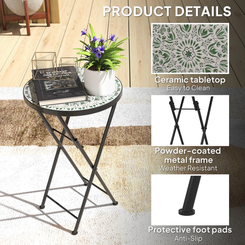 Outsunny Mosaic Outdoor Garden Table, 35.5cm Round Folding Coffee Table with Metal Frame for Balcony Terrace, Green