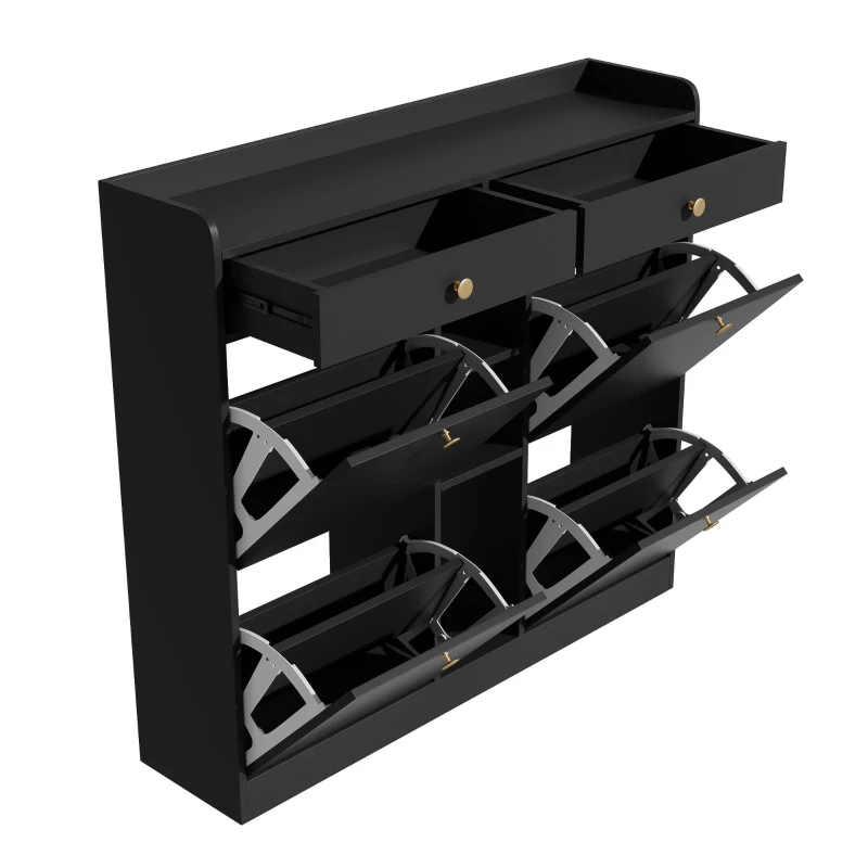 Mobile scarpiera con 4 ante a ribalta, 2 cassetti e 3 ripiani aperti, 110x26x100 cm, Nero