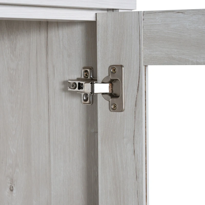 Mobile alto effetto legno a 3 cassetti con ante in vetro e maniglie in rame, 80x34x171 cm, Bianco