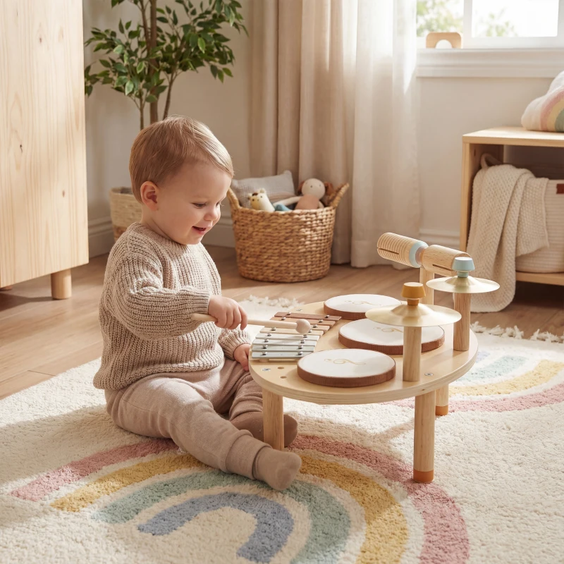 AIYAPLAY Jeux de Tambours pour Bébé, Tambour bébé avec Xylophone pour Tout-Petits, Instruments de Musique en Bois, Naturel
