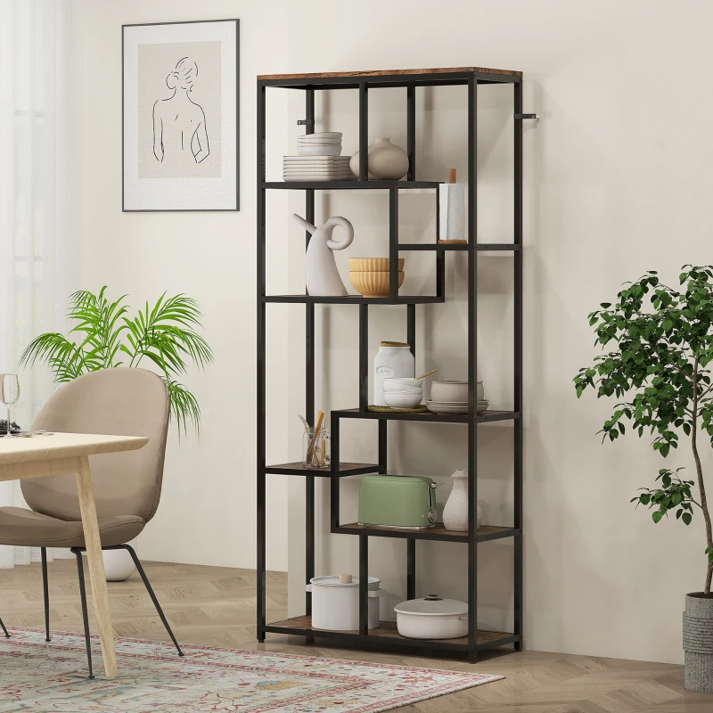 HOMCOM Seven-Tier Geometric Bookcase - Brown/Black