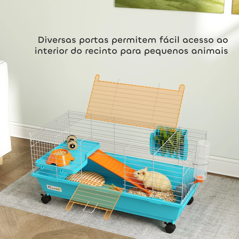 PawHut Gaiola para Animais Pequenos com Rodas Garrafa Comedouro Dispensador de Feno para Coelhos e Porquinhos da Índia 89x44x43 cm Azul