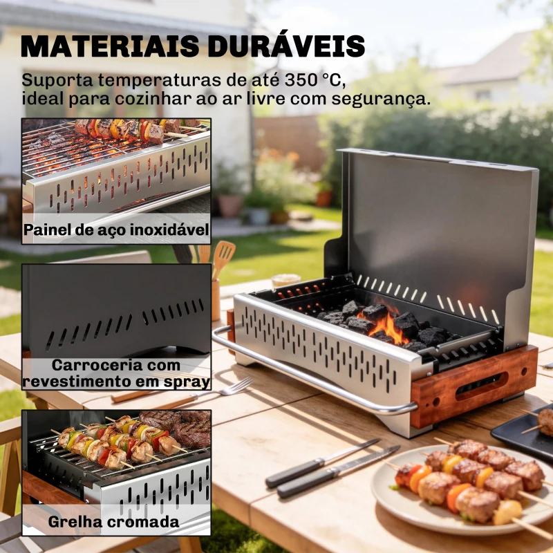 Outsunny Barbecue a Carvão Dobrável Portátil 50,5x34x33 cm com Bandeja de Carvão Removível para Camping, Piqueniques, Preto