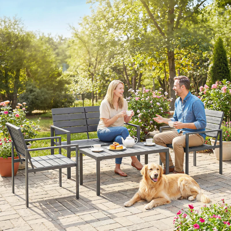 Outsunny 4 Piece Garden Furniture Set, Outdoor Sofa Set with HDPE Slatted Loveseat Armchairs Coffee Table Metal Frame, Dark Grey