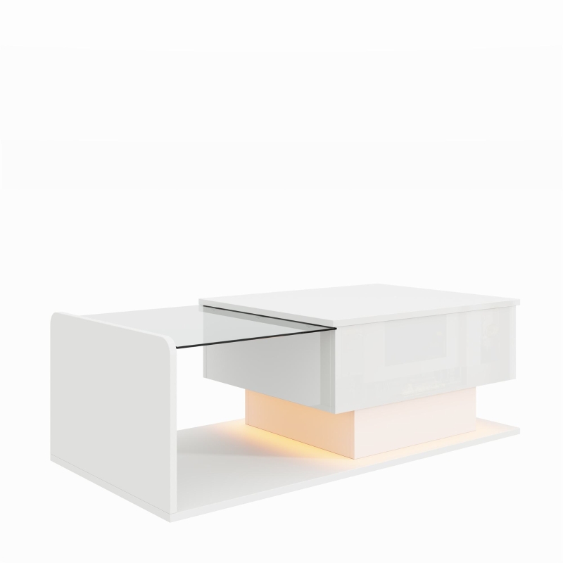 Tavolino da salotto regolabile in altezza, con piano in vetro e striscia LED, 100x50x33-47.5 cm, Bianco