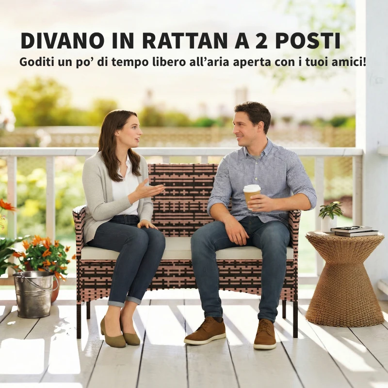 Outsunny Divano da Giardino 2 Posti con Cuscini e Tappetini Antiscivolo, in Rattan e Acciaio, 115x63x85 cm, Beige