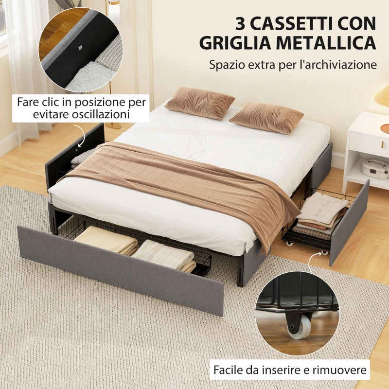 HOMCOM Struttura Letto Matrimoniale a Doghe con 3 Cassetti, in Legno, Poliestere e Metallo, 165x193x30 cm, Grigio