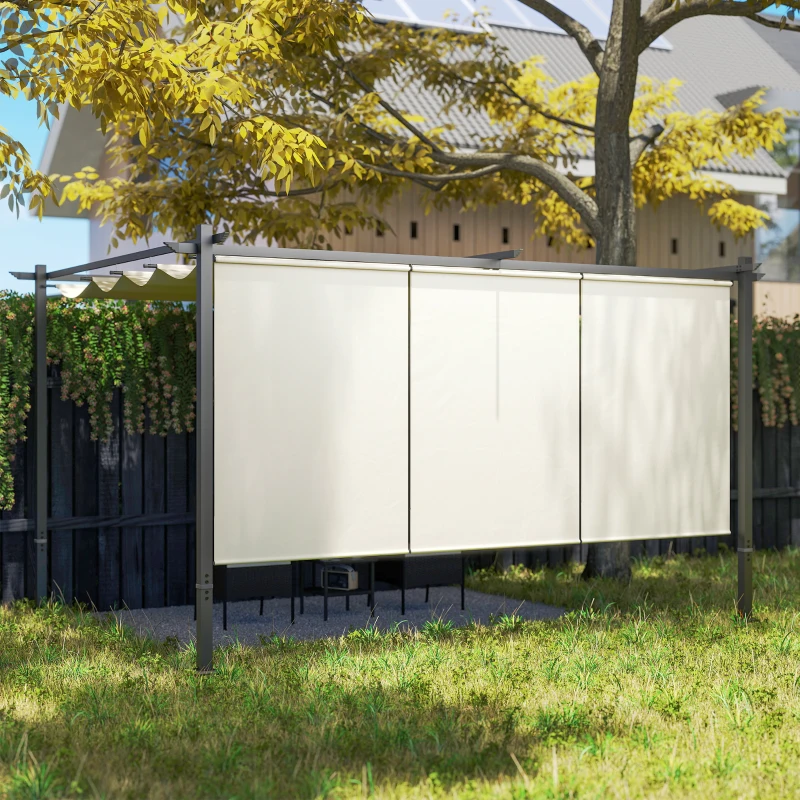 Outsunny 3 x 4m Metal Pergola with Retractable Roof and Roller Shade, Free Standing Gazebo Canopy Pergola Kit, UPF30+ Outdoor Sun Shelter, Beige