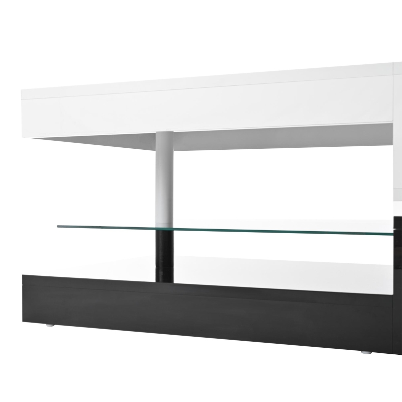 Table basse avec éclairage d'ambiance LED, étagère en verre & surface laquée brillante, 90x45x35,5 cm, Blanc+Noir