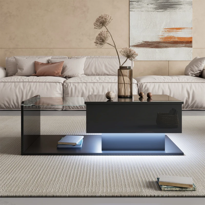 Tavolino da salotto regolabile in altezza, con piano in vetro e striscia LED, 100x50x33-47.5 cm, Nero