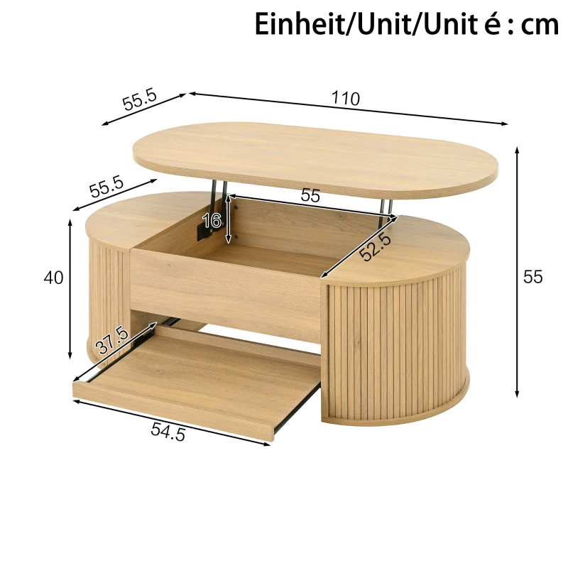 Table basse relevable avec étagère extensible et plateau de table réglable, Table basse avec côtés en bois courbés, 110x55,5x40 cm, Couleur naturelle