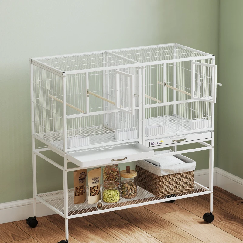 PawHut Gaiola para Pássaros Grande com Divisor Rodas 4 Comedouros 4 Poleiros Prateleira 2 Bandejas Removíveis 95x45,5x102 cm Branco