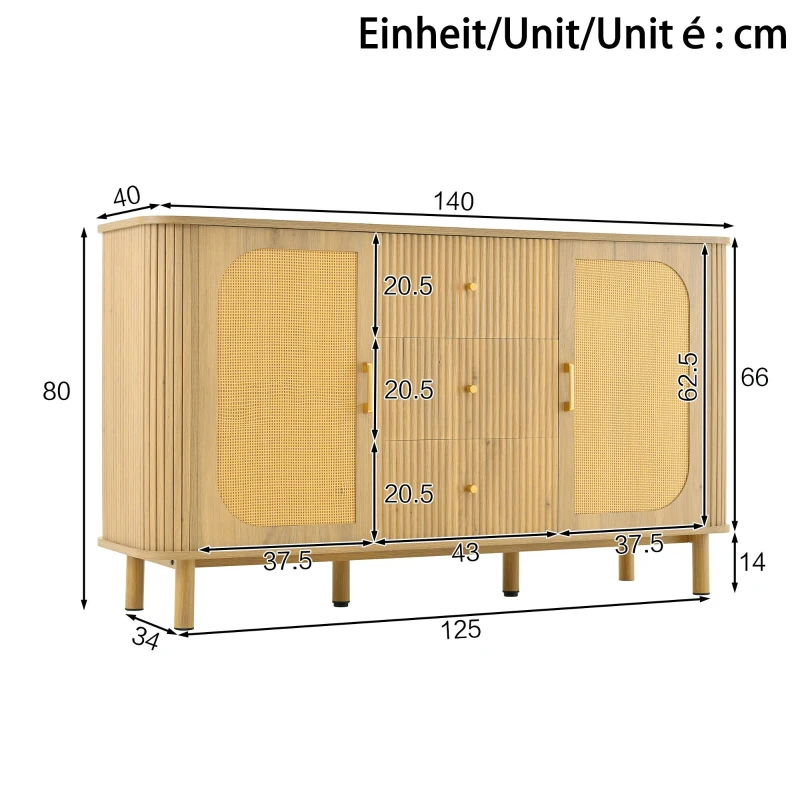 Buffet avec portes en rotin, design arrondi, 140x40x80 cm, Couleur naturelle