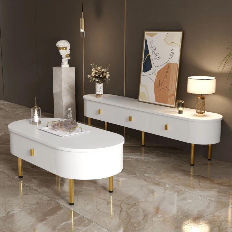 Set mobile TV e tavolino da caffè per soggiorno con cassetti e angoli arrotondati, Bianco e Oro