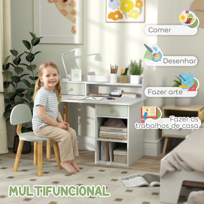 AIYAPLAY Conjunto de Secretária e Cadeira para Crianças Mesa de Estudo com Prateleiras e Gaveta Carga 80 kg 85x48x73 cm Verde