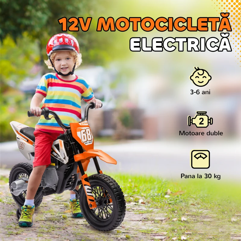AIYAPLAY Motocicletă Electrică pentru Copii cu Roți Ajutătoare Detașabile, Suspensii, Sunete și Indicator de Încărcare, Portocalie