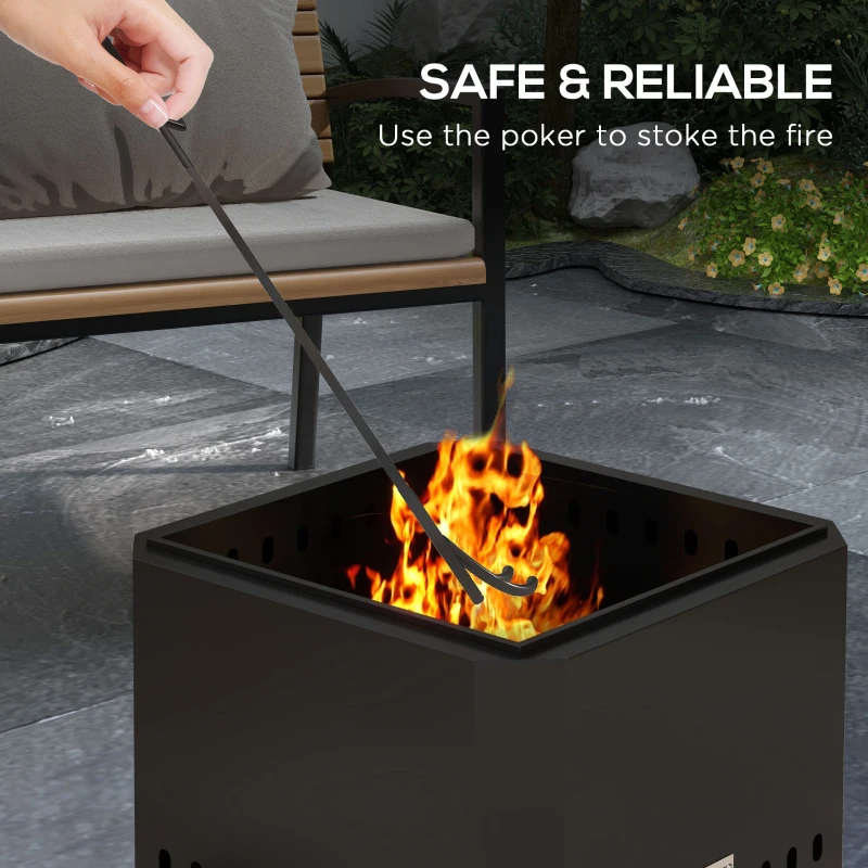 Outsunny Smokeless Fire Pit, 48 cm Portable Wood Burning Firepit, Square Metal Bonfire Stove with Poker, Black