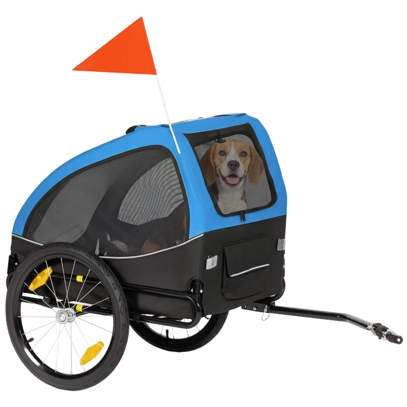 PawHut Remolque plegable para perros con reflectores, ventanas de malla, ruedas, puerta y bandera de seguridad para perros hasta 20 kg 138x70x89 cm Azul