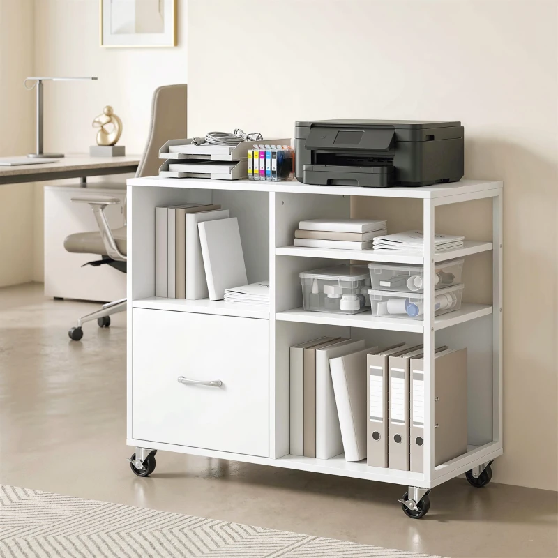HOMCOM Meuble pour imprimante à roulettes Table pour imprimante avec étagères ouvertes et tiroir pour documents format A4 Blanc