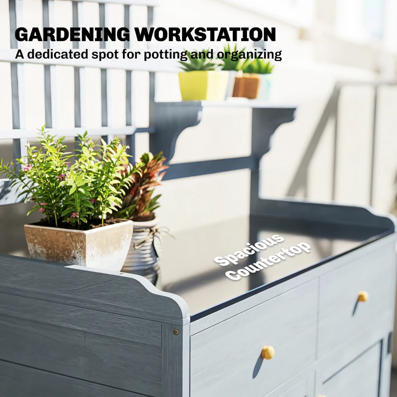 Outsunny Plantentafel met Kast Outdoor - Houten Tuinkast met Gegalvaniseerd Werkblad, 2 Lades, 104x44x140 cm, Lichtgrijs