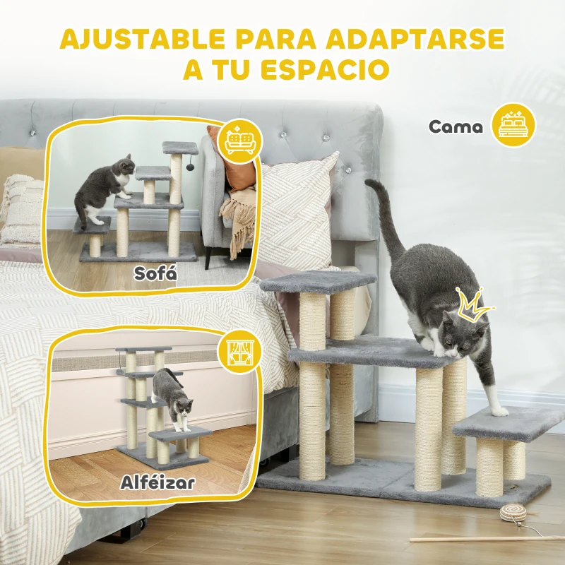 PawHut Escalera para Mascotas Ajustable de 3/4 Peldaños Escalera para Gatos con Postes Rascadores Bola Colgante Gris